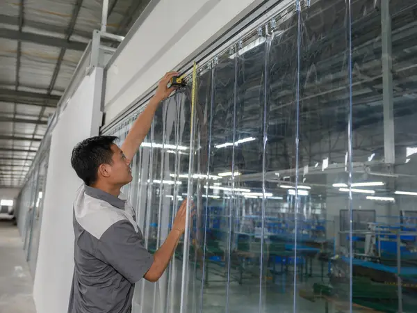 Kỹ thuật viên lắp đặt màn PVC kéo xếp