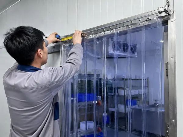 Kỹ thuật viên đo và lắp rèm nhựa PVC trong suốt
